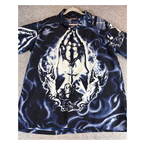Victorious Button Up Shirt Mens XL Black Blue Flame Praying Hands Graphic Y2K - Picture 7 of 8